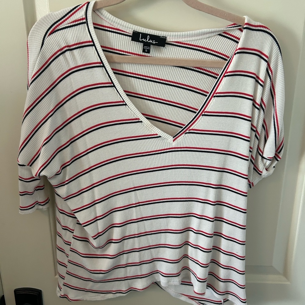Lulu's White V-Neck Short Sleeve Top with Red & Black Stripes